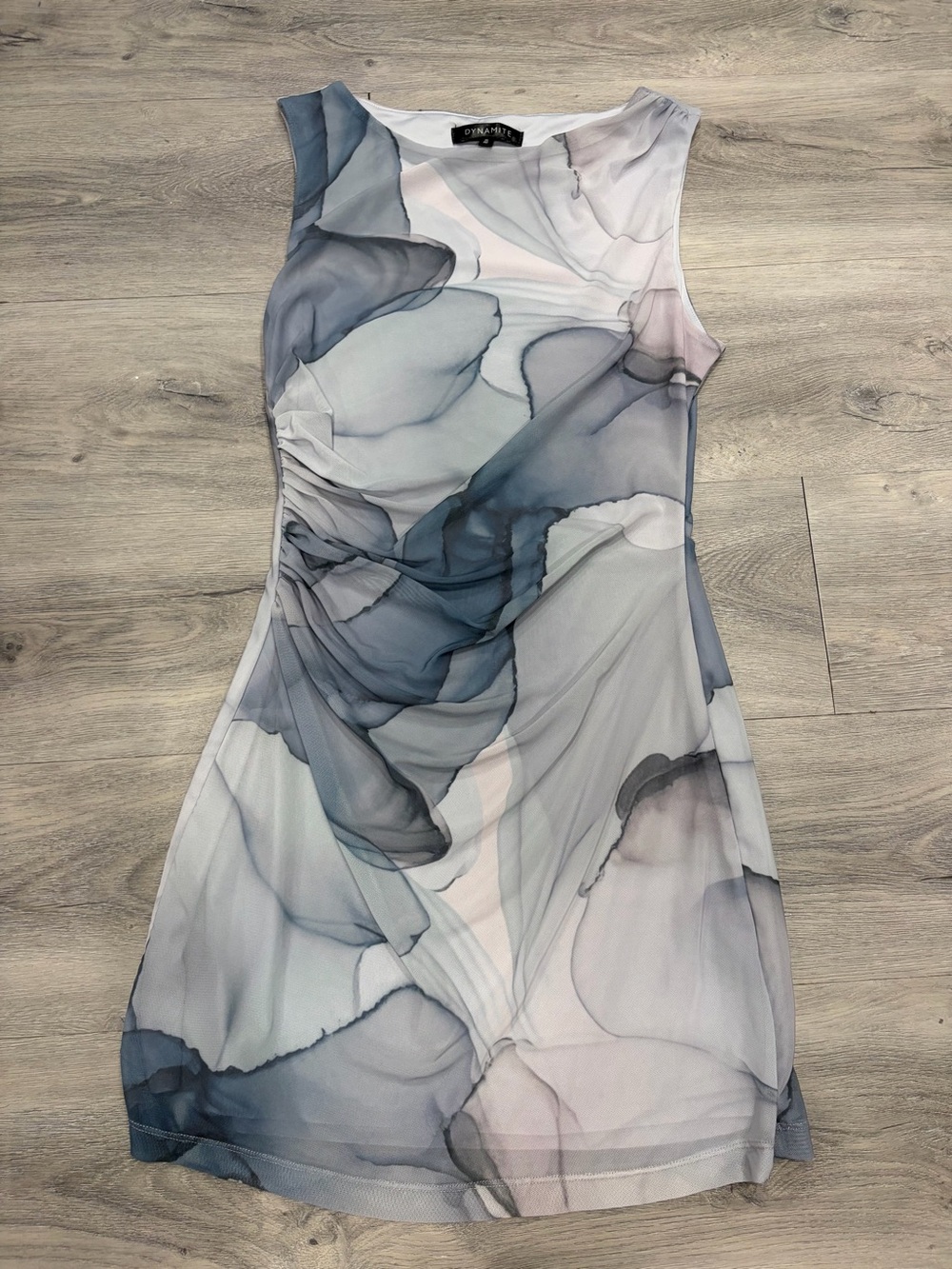 Dynamite Katia Ruched Mesh Mini Dress Gray & Pink Medium Like New
